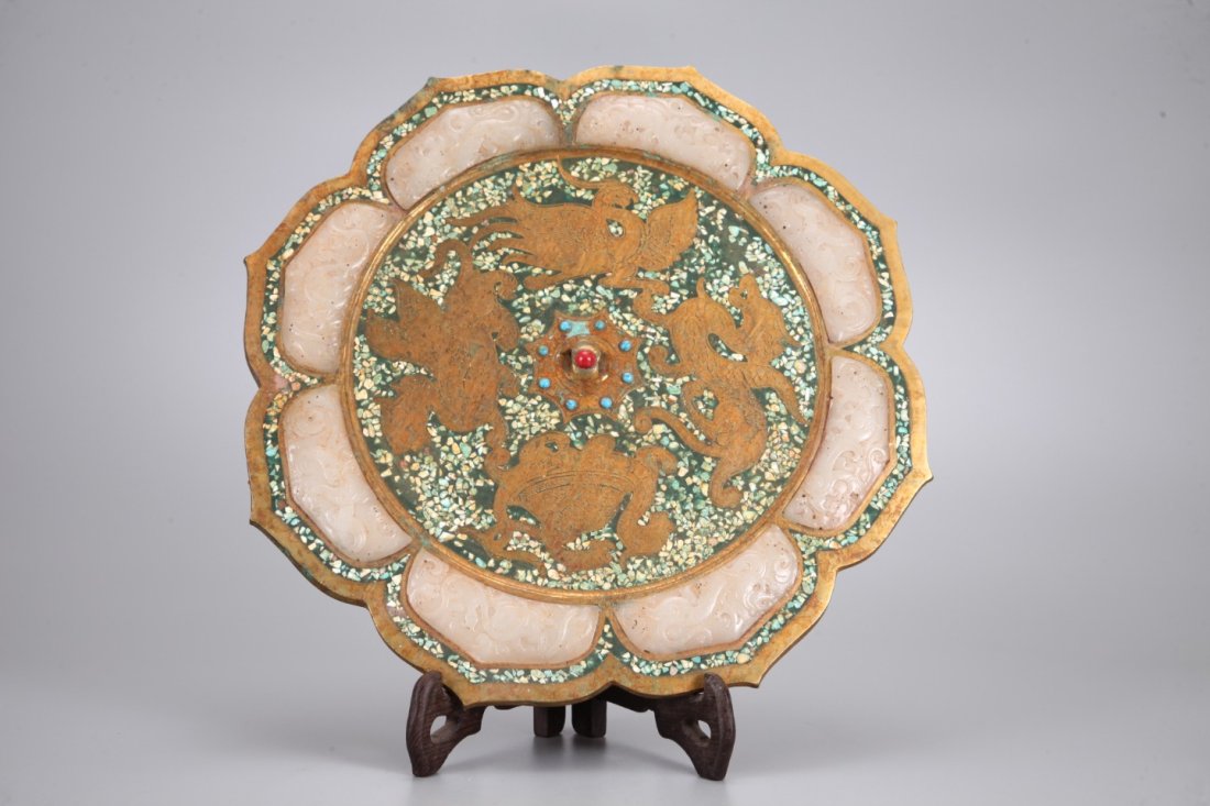 A Chinese Gems and Jade Inlaid Gilted Bronze Mirror (1 of 9)