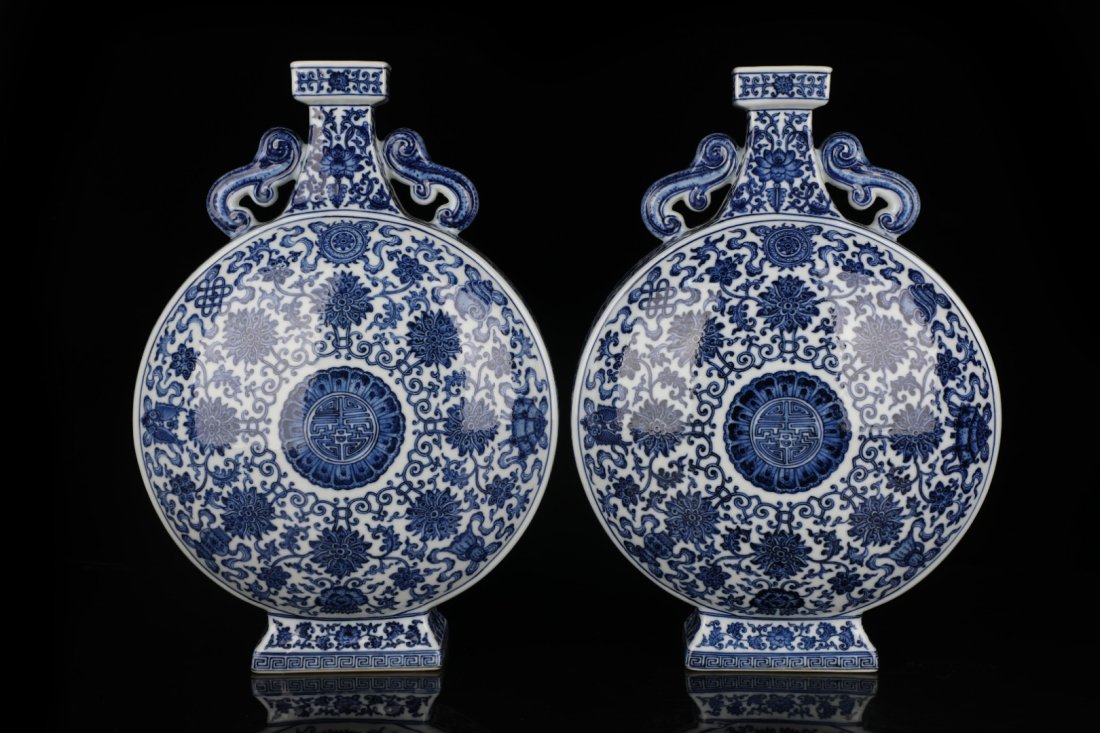 A Pair Chinese Blue and White Lotus Porcelain Moonflask Vases (1 of 9)