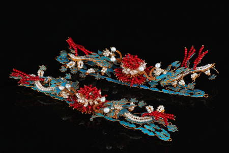 A Pair Chinese Pure Silver Dragon Hairpin Flowers