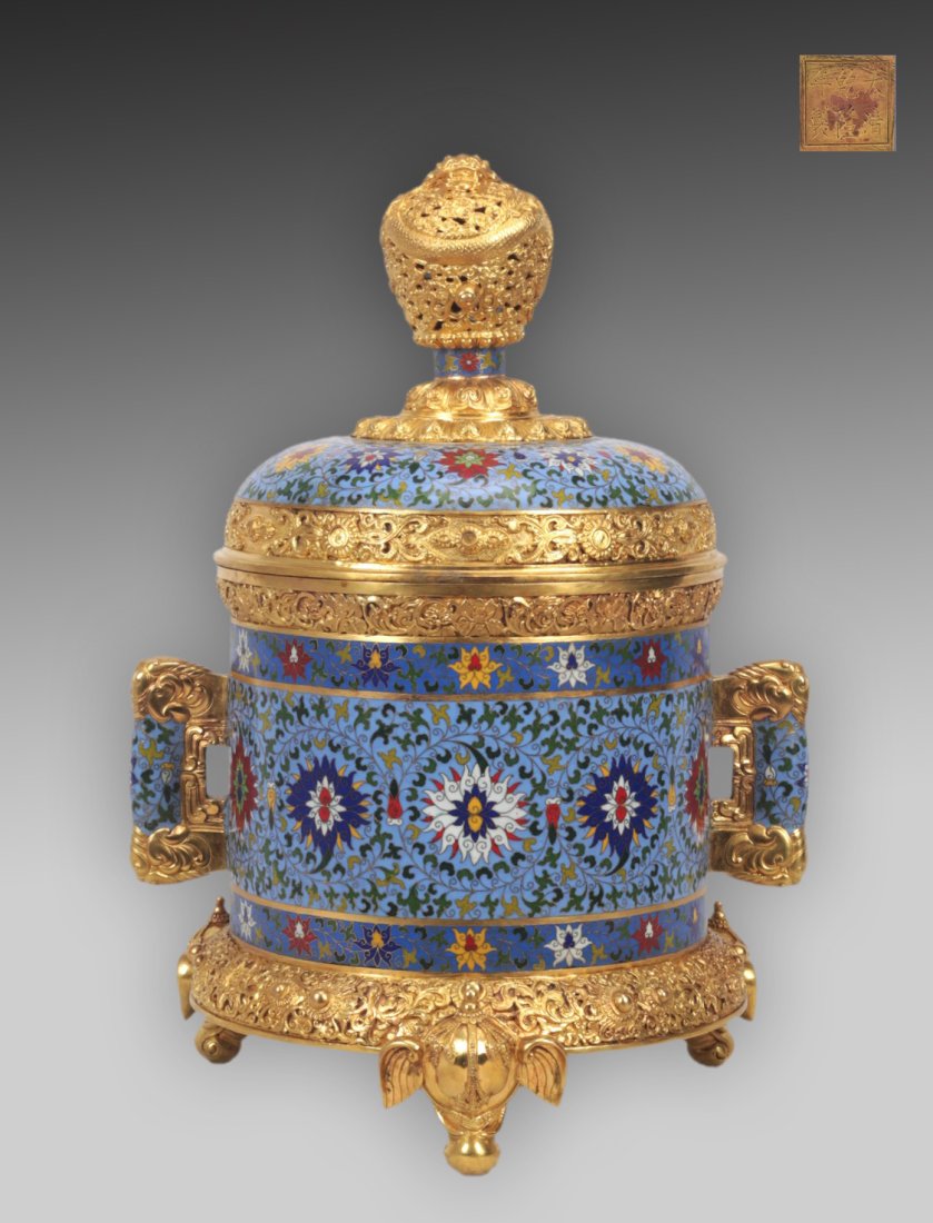 A Large Chinese Cloisonne Gilted Bronze Dragon and Lotus Burner (1 of 9)
