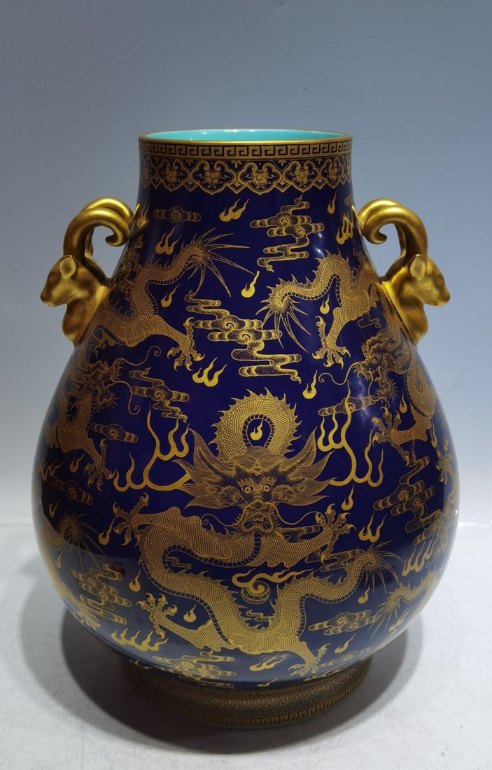 A Large Chinese Gilted Blue Glaze Dragon Porcelain Zun (1 of 9)