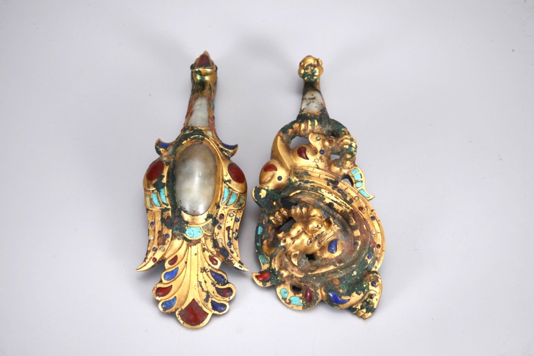 A Pair Chinese Gems Hetian Jade Inlaid Dragon and Phoenix Hooks (1 of 9)