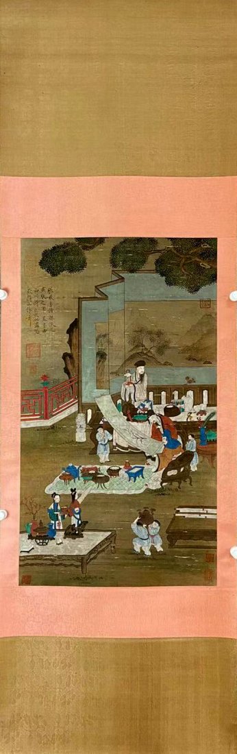 A Chinese Silk Scroll Painting of Figures (1 of 9)