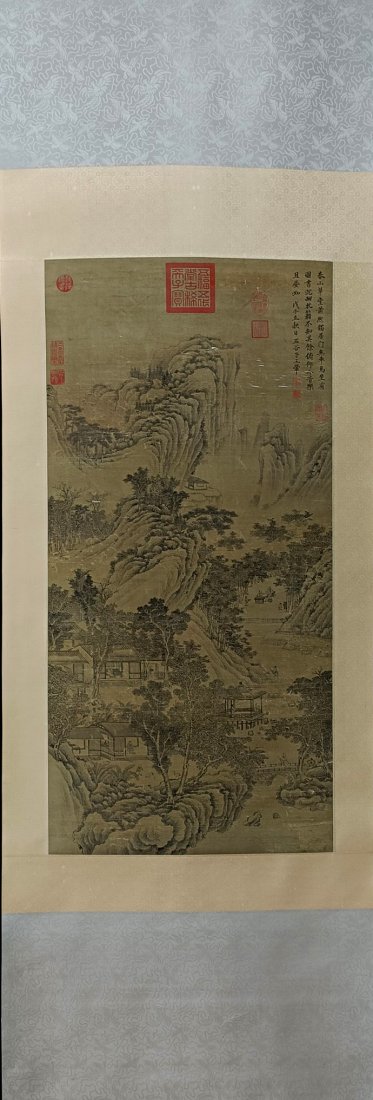 A Chinese Silk Scroll Painting of Landscape and Buildings (1 of 9)