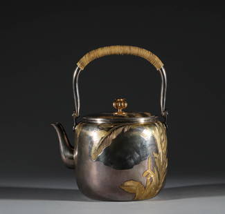 Japan, pure silver inlaid gold handle pot: H:20cmï¼ŒW:16cmï¼Œweightï¼š487.5g