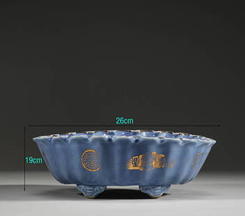 Republic of China, blue glaze painted golden Narcissus: H:19cmï¼ŒW:26cm,Weight:854g