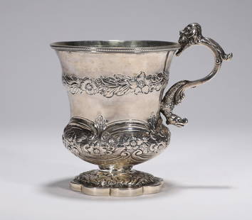 Silver embossed floral mug: H:11.5cm W:12.8cm wt:182g