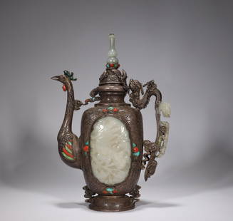 Silver inlaid Hetian jade wine pot from the Qing Dynasty: H:30cm W:21cm wt:1370g