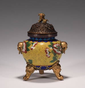 Qing Dynasty cloisonne lion ear censer: H:18.5cm W:14cm wt:360g