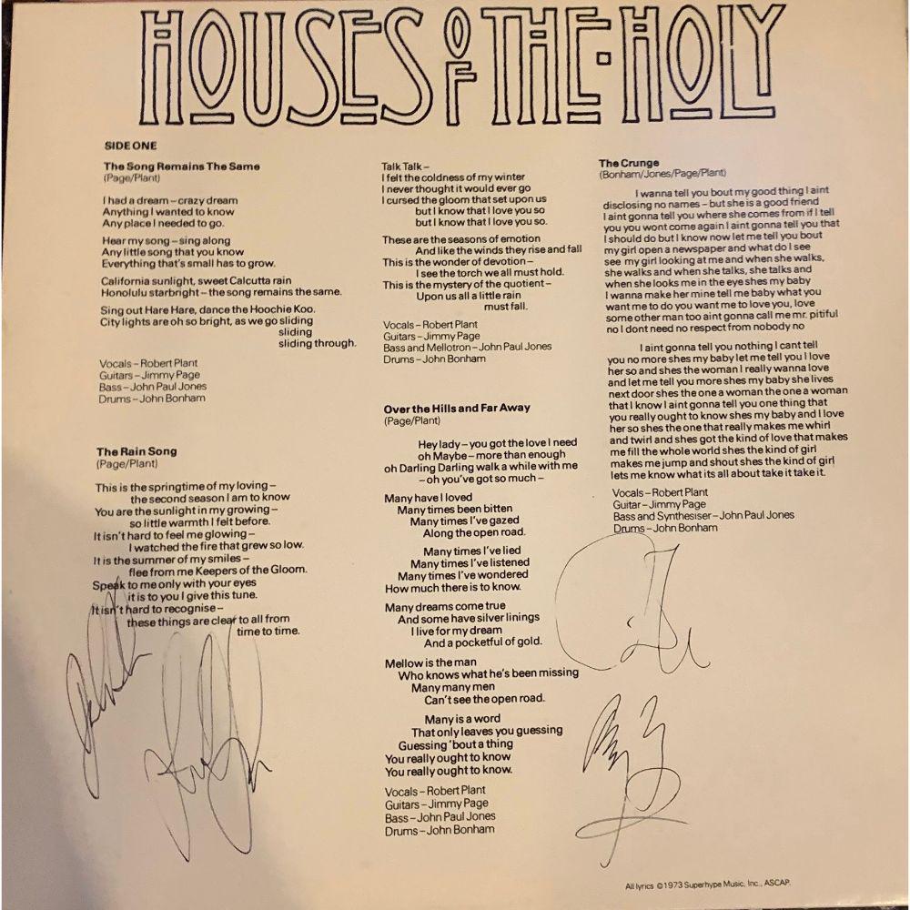 Signed Led Zeppelin Houses of the Holy Album Cover: Signed by: Signed by Robert Plant, Jimmy Page, John Paul Jones and John Bonham