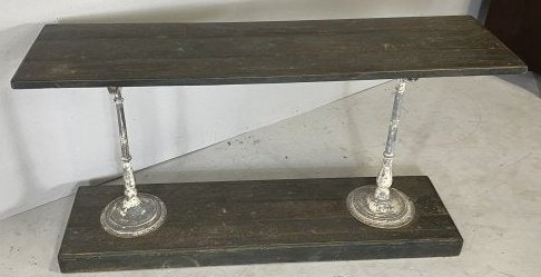 Rustic French Industrial Console: Rustic French industrial console, painted wood top and iron base
