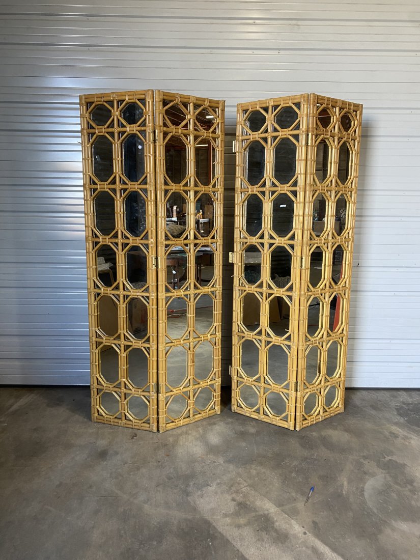 Mid Century Modern Rattan and Mirror Folding Screen (1 of 10)