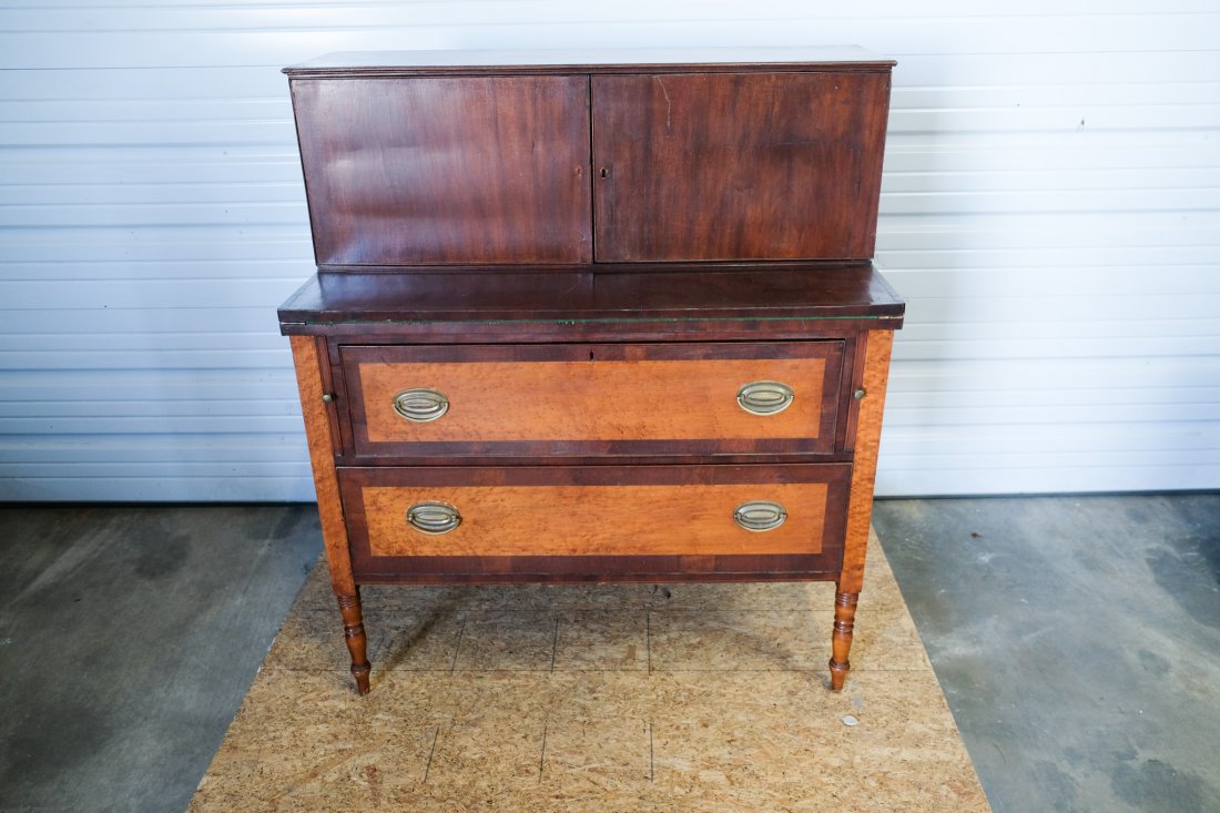 Early 19th Century New England Maple and Mahogany Desk: Early 19th Century New England Maple and Mahogany DeskWidth: 39 1/2”Depth 20 1/2”Height: 46 1/4”