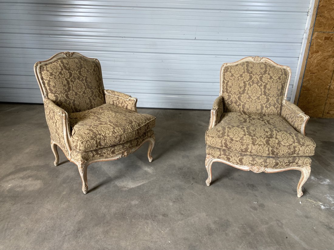 Pair of Vintage French Bergeres: Great pair of vintage French bergeres in attractive upholstery