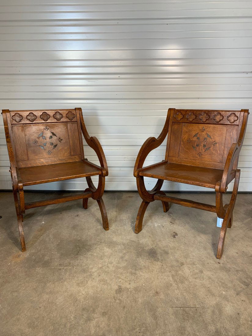 PAIR of 19th Century Oak Pugin Style Gothic Arm Chairs (1 of 5)