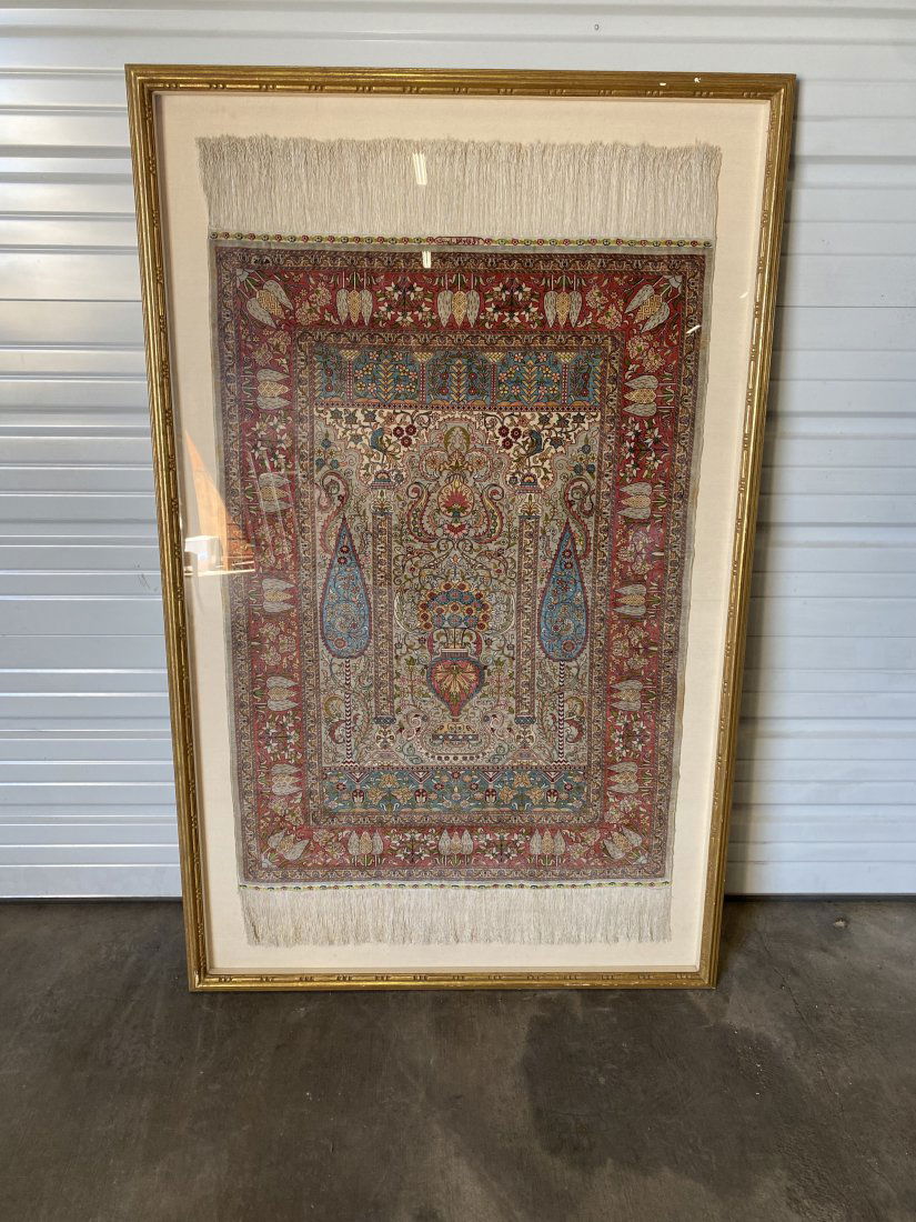Semi- Antique Framed Silk Knotted Persian Prayer Rug (1 of 7)