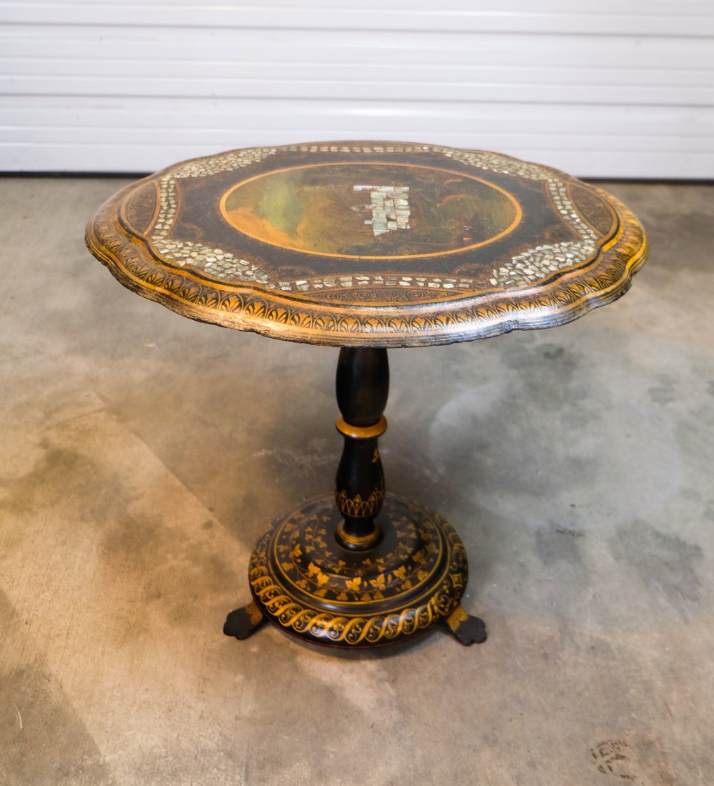 19th Century Mother of Pearl Inlaid Paper Mache Table: 19th Century Mother of Pearl Inlaid Paper Mache TableWidth: 28” Depth: 24”Height: 25”