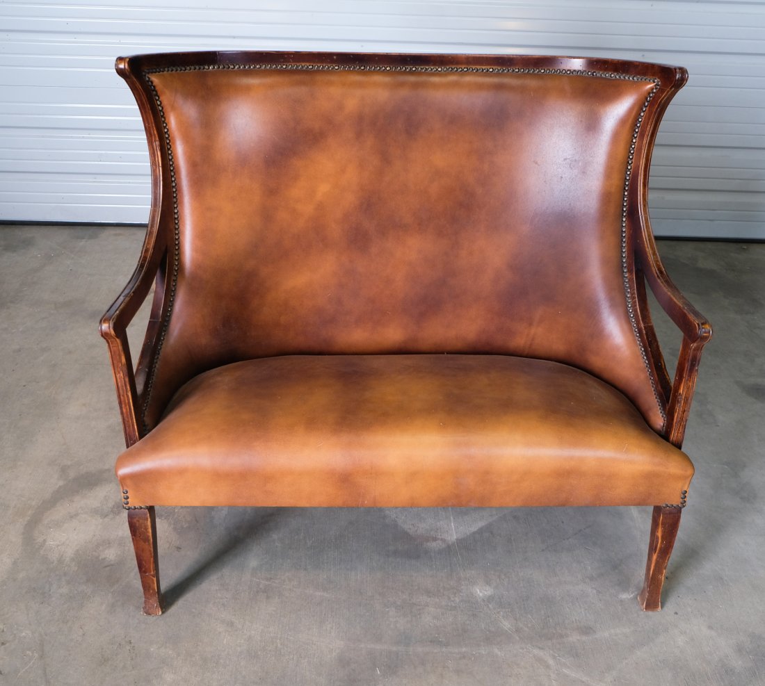 Modern Leather and Mahogany Settee (1 of 5)