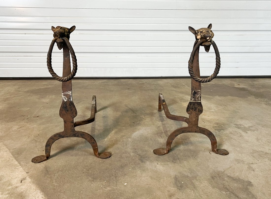Pair of 19th Century Zoomorphic Iron Andirons: Pair of 19th Century Zoomorphic Iron Andirons