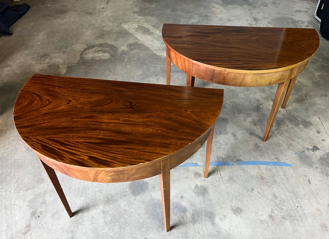 PAIR of Mahogany Demi Lune Consoles: PAIR of Mahogany Demi Lune Consoles