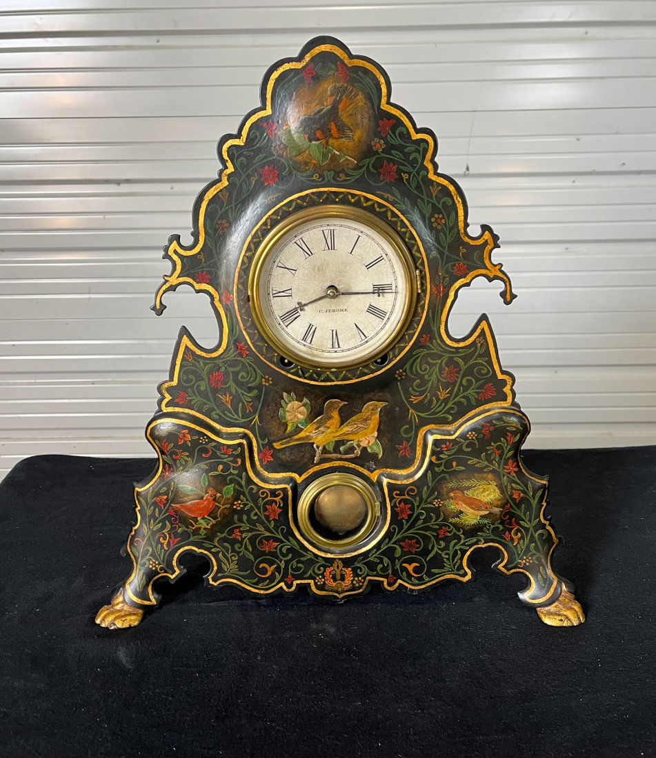 19th Century Polychrome Boston Tole Shelf Clock with Birds, works by C. Jerome (1 of 8)