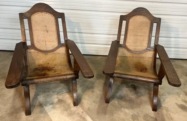 PAIR of 19th Century British Colonial Cane and Teak Planters Chairs: PAIR of 19th Century British Colonial Cane and Teak Planters Chairs