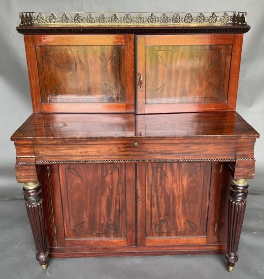 19th Century English or Irish Inlaid Regency Leather Top Secretary Desk: 19th Century English or Irish Inlaid Regency Leather Top Secretary Desk sold at Niall Smith, New York.53.5 H x 43.75 W x 24 D
