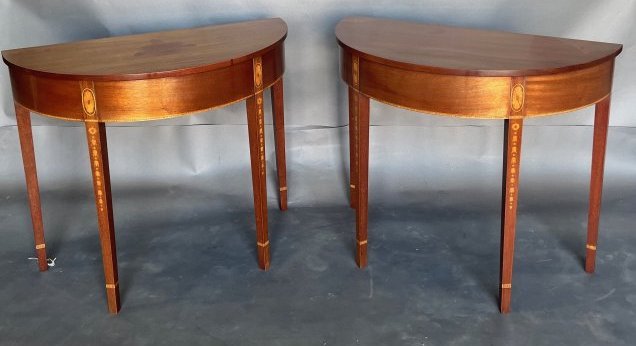 Pair of 19th - 20th Century Inlaid Demilune Tables with Paterae and Bellflowers (1 of 9)