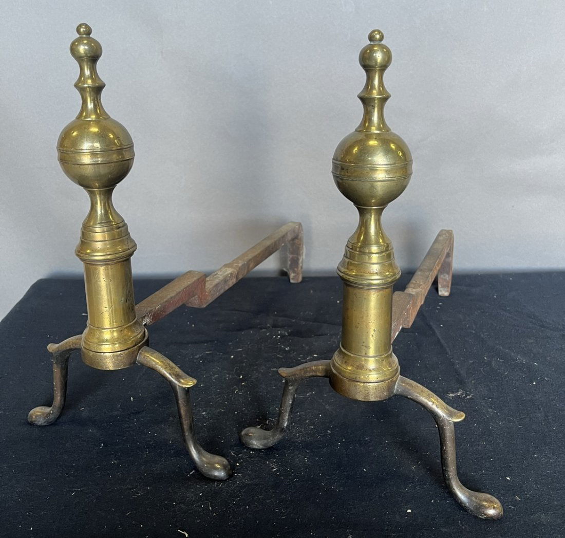 Pair of 18th- 19th Century English or American Brass Andirons (1 of 3)