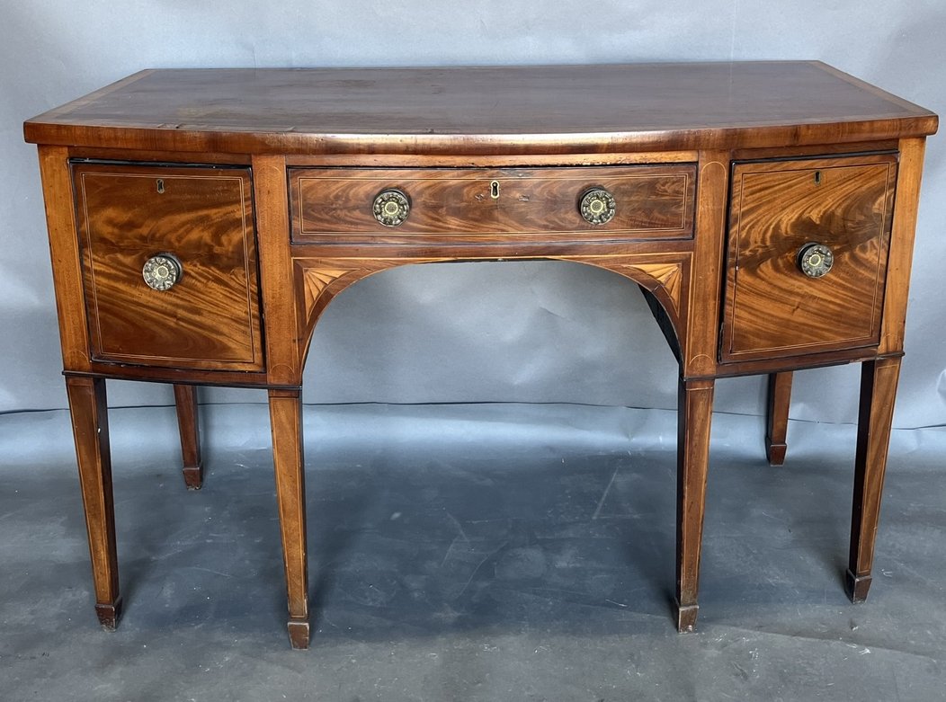 19th Century English Inlaid and Crossbanded Mahogany Sideboard: 19th Century English Inlaid and Crossbanded Mahogany Sideboard35.5H x 55W x 26D inches