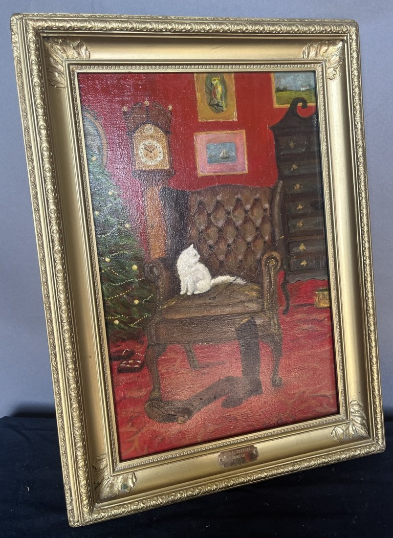 Signed Oil on Canvas of a Cat in an Easy Chair: Signed Oil on Canvas of a Cat in an Easy Chair 23H x 15W x 1D inches