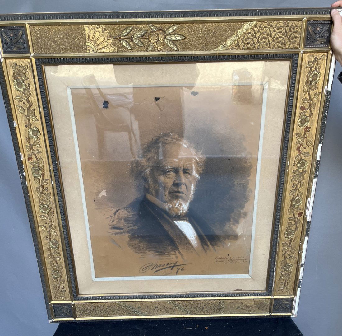19th Century Signed American Charcoal Portrait in Decorated Frame (1 of 10)