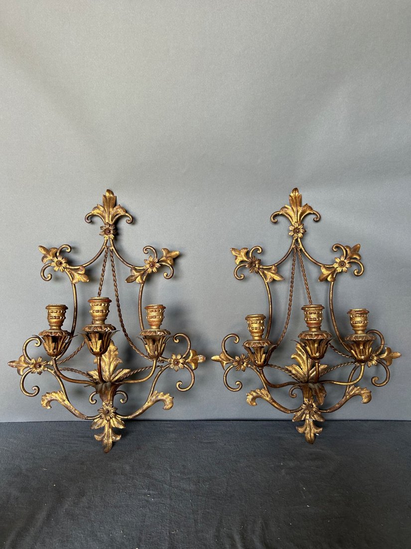 Pair of decorative gilt wood and metal sconces: Pair of decorative gilt wood and metal sconces