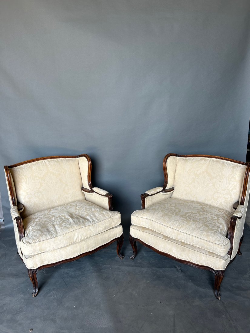 Pair of French Upholstered Bergeres: Pair of French Upholstered Bergeres