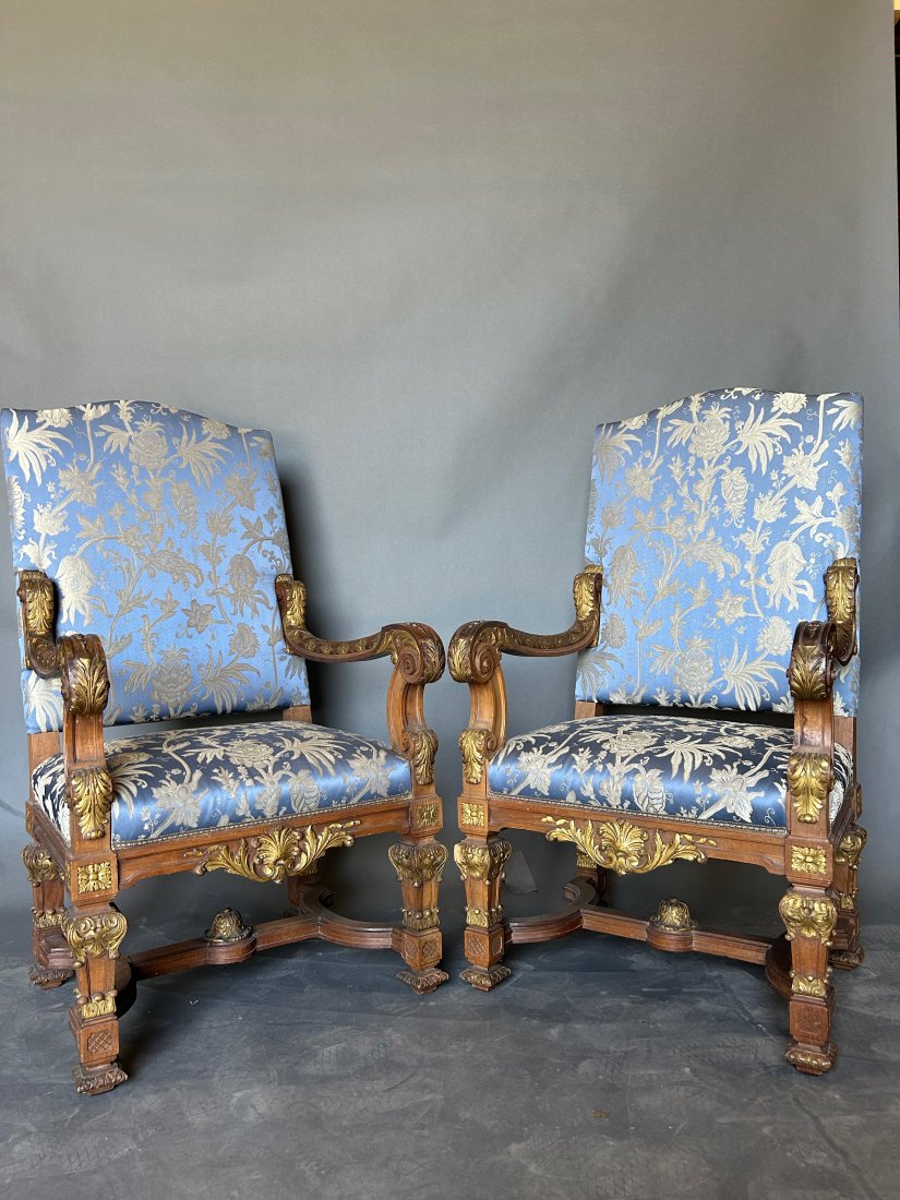 Pair of late 19th- early 20th Century Parcel Gilt French Arm Chairs: Pair of late 19th- early 20th Century Parcel Gilt French Arm Chairs