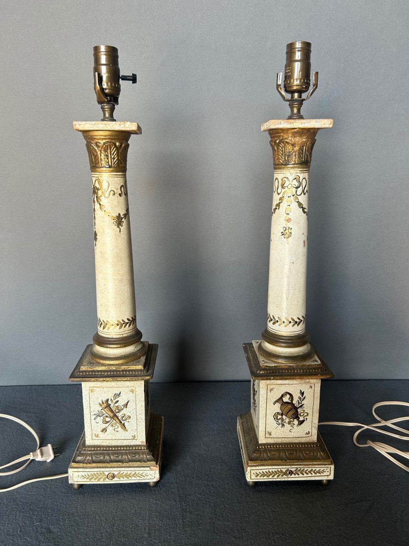 Pair of Neoclassical style tole column lamps (1 of 3)