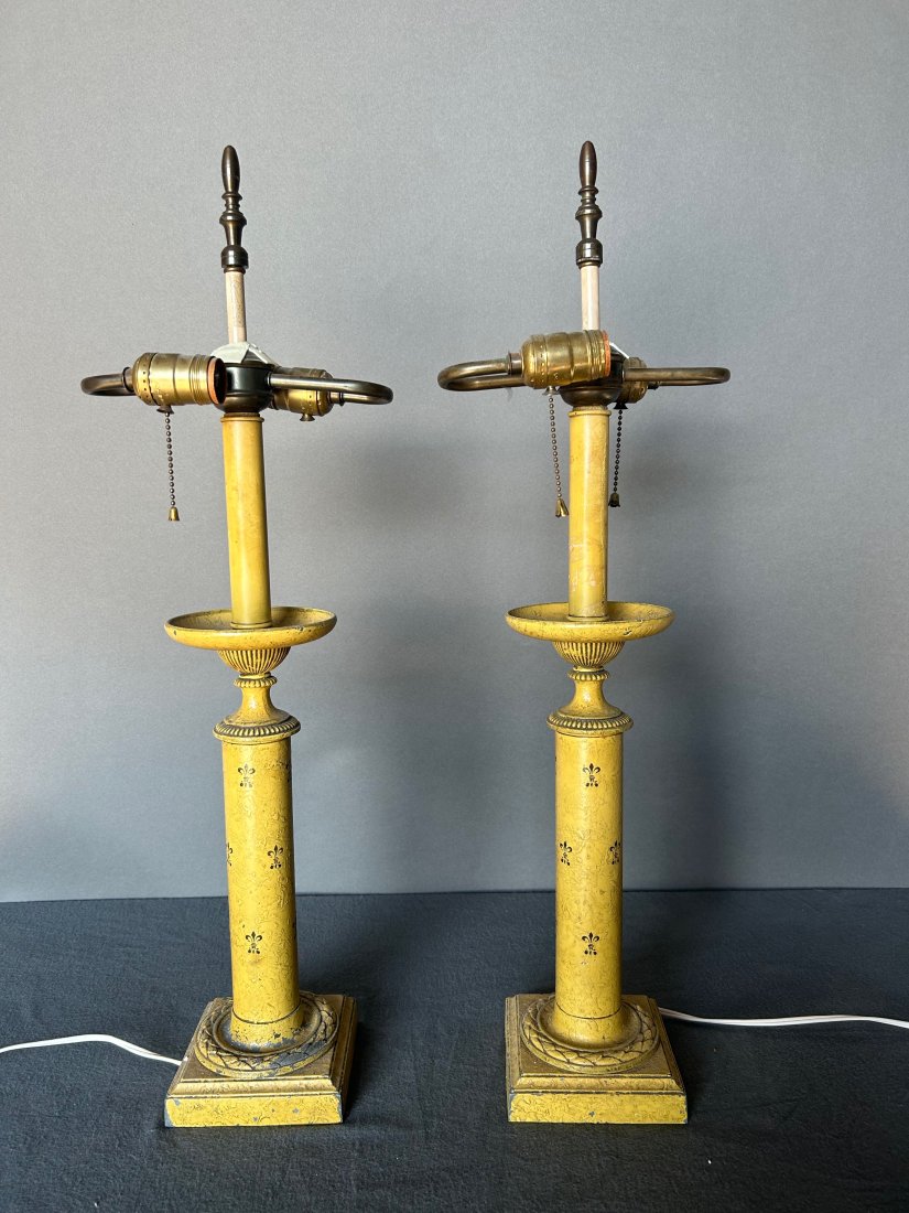 Pair of yellow tole Neoclassical style lamps (1 of 2)