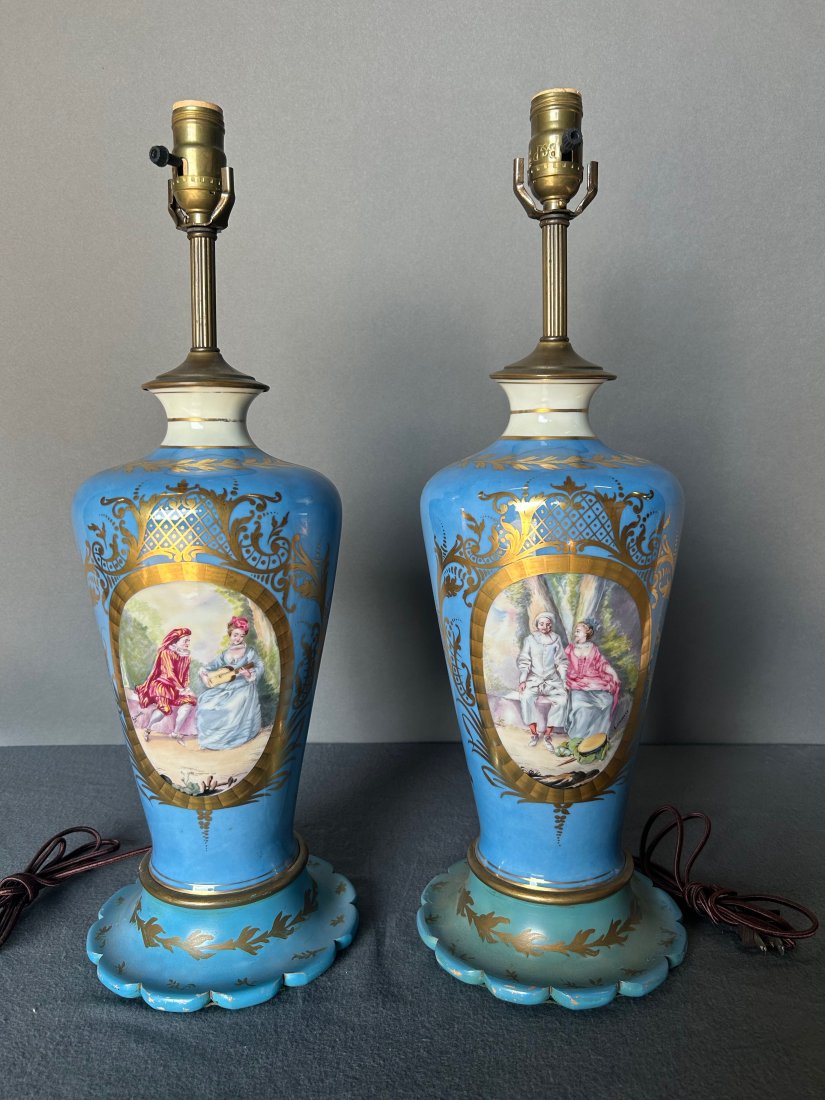 Pair Antique French Cyan Blue and Gold "Vieux Paris" Porcelain Lamps: Pair Antique French Cyan Blue and Gold "Vieux Paris" Porcelain Lamps