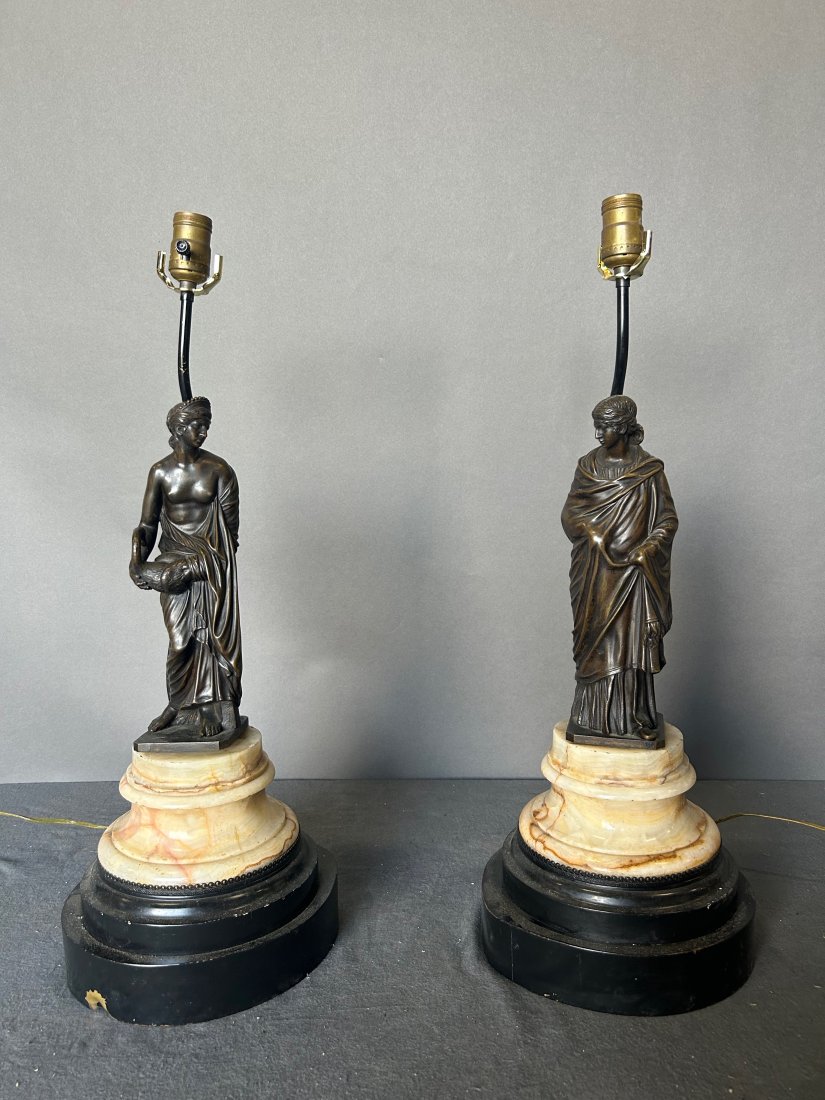 Pair of Neoclassical style bronze and marble lamps: Pair of Neoclassical style bronze and marble lamps