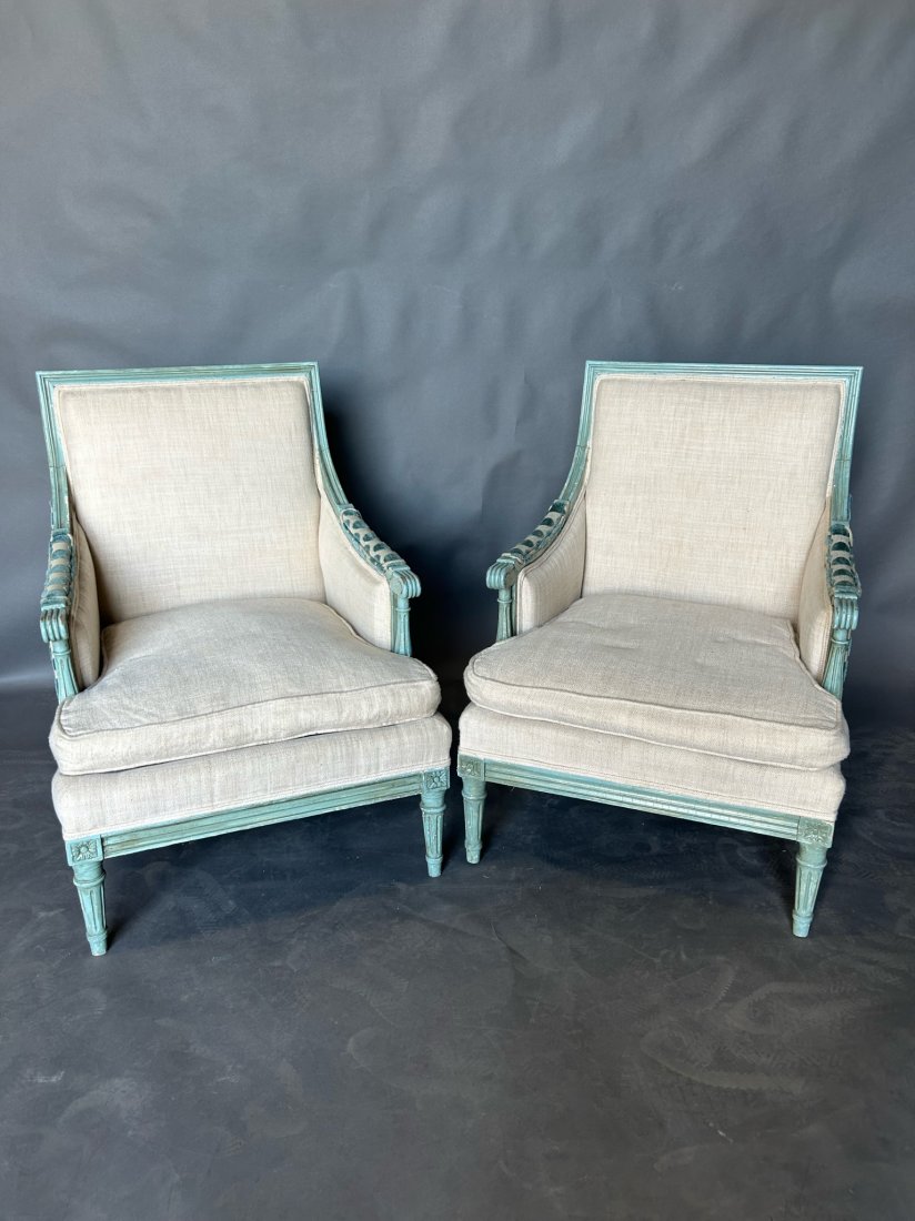 Great pair of antique French painted bergeres with modern polka dot upholstery: Great pair of antique French painted bergeres with modern polka dot upholstery