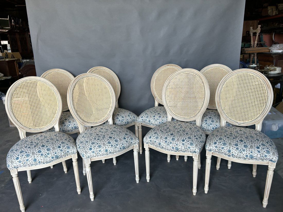 Set of 8 French Upholstered Cane Back Dining Chairs (1 of 12)