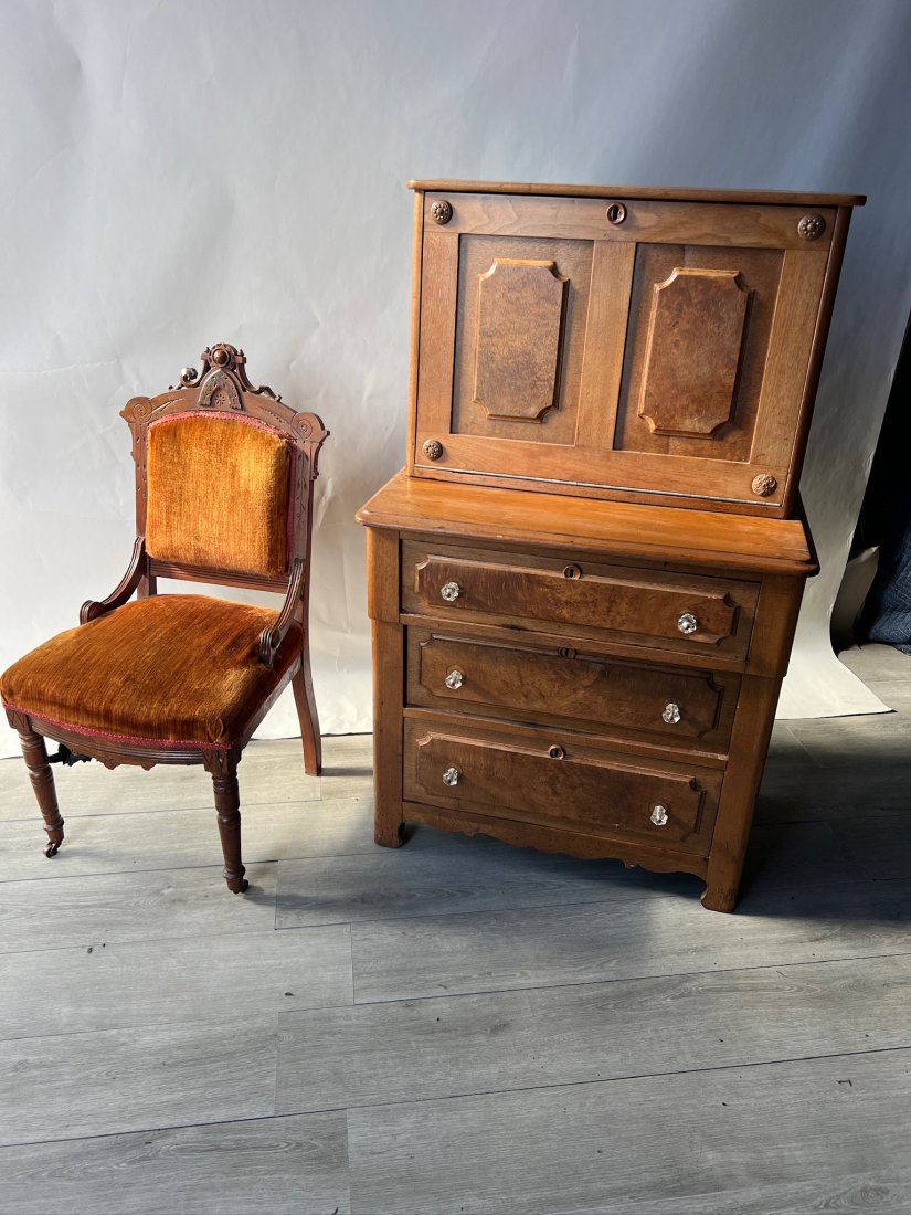 19th Century Secretaire Abbatant and Velvet Upholstered Chair: 19th Century Secretaire Abbatant and Velvet Upholstered Chair from a Williamsburg estate