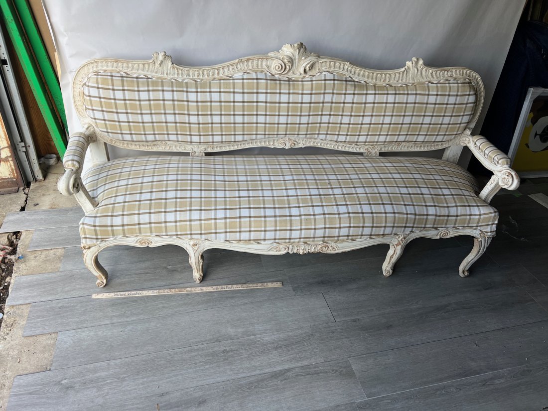Beautifully upholstered 18th- 19th Century French Painted Hand Carved Sofa: Beautifully upholstered 18th- 19th Century French Painted Hand Carved Sofa from a Charlottesville Estate.