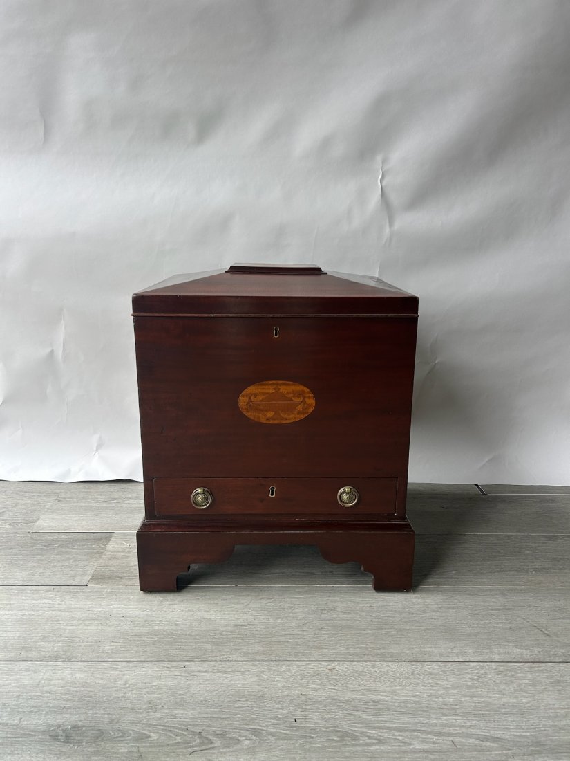 19th Century Inlaid American or English Cellarette style Box and Feet with Drawer: 19th Century Inlaid American or English Cellarette style Box and Feet with Drawer