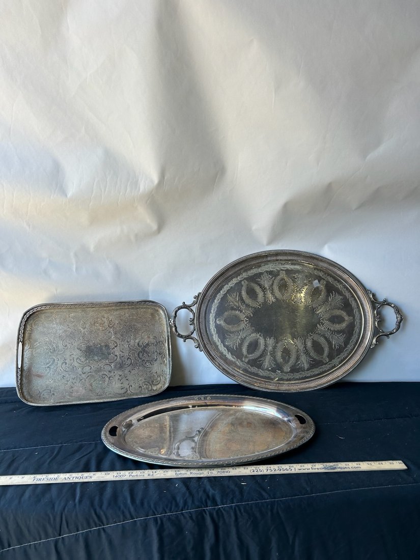 Grouping of 3 silver plate serving trays (1 of 13)
