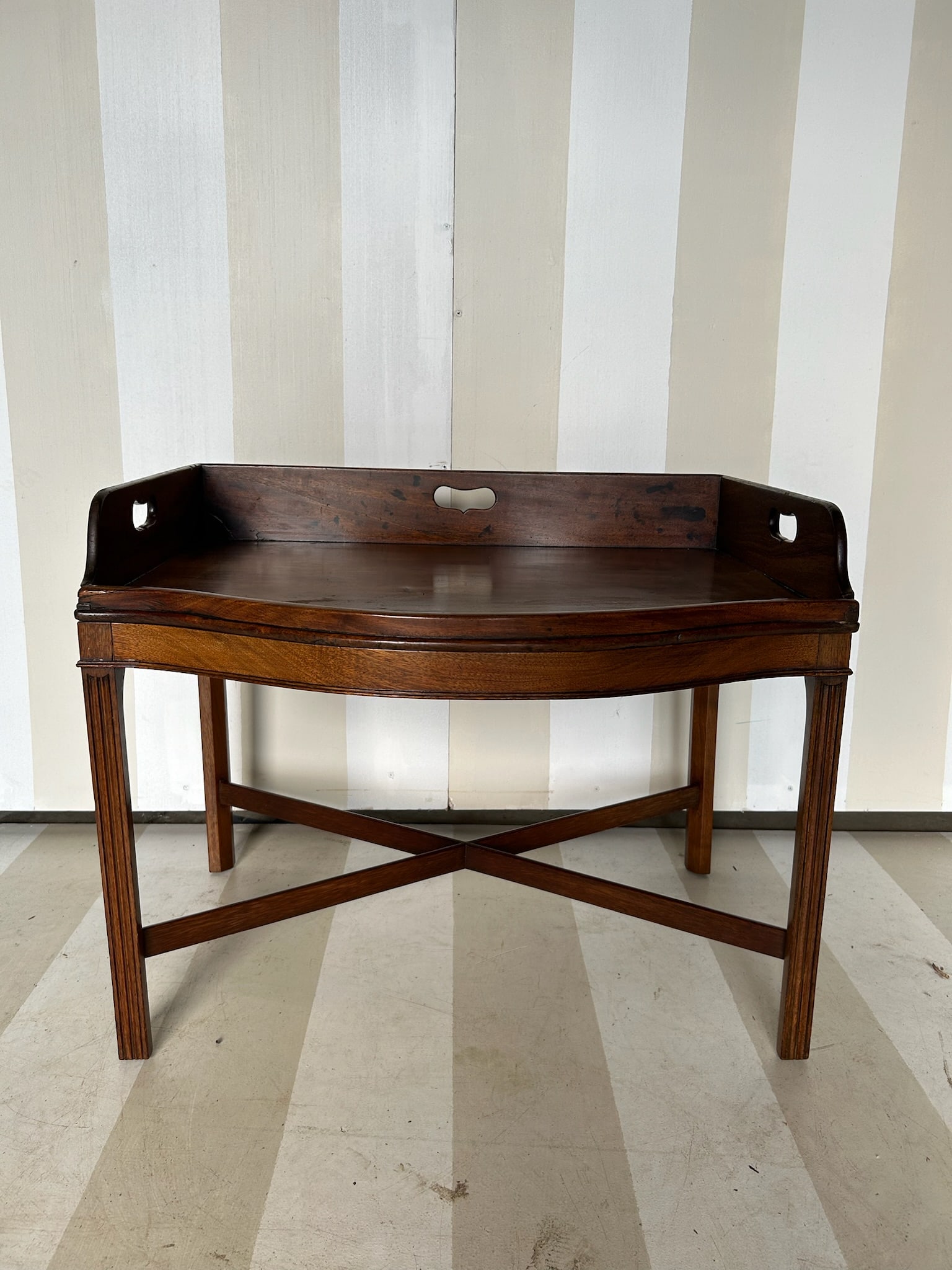 19th Century English Mahogany Serpentine Tray on Stand- side/coffee table height: 19th Century English Mahogany Serpentine Tray on Stand