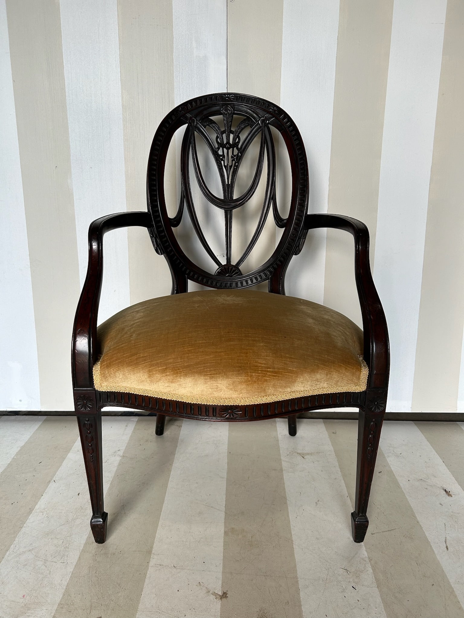 Fine 18th- 19th Century English Mahogany Armchair with Silk Velvet Upholstery and Tapered Legs: Fine 18th- 19th Century English Mahogany Armchair with Silk Velvet Upholstery and Tapered Legs