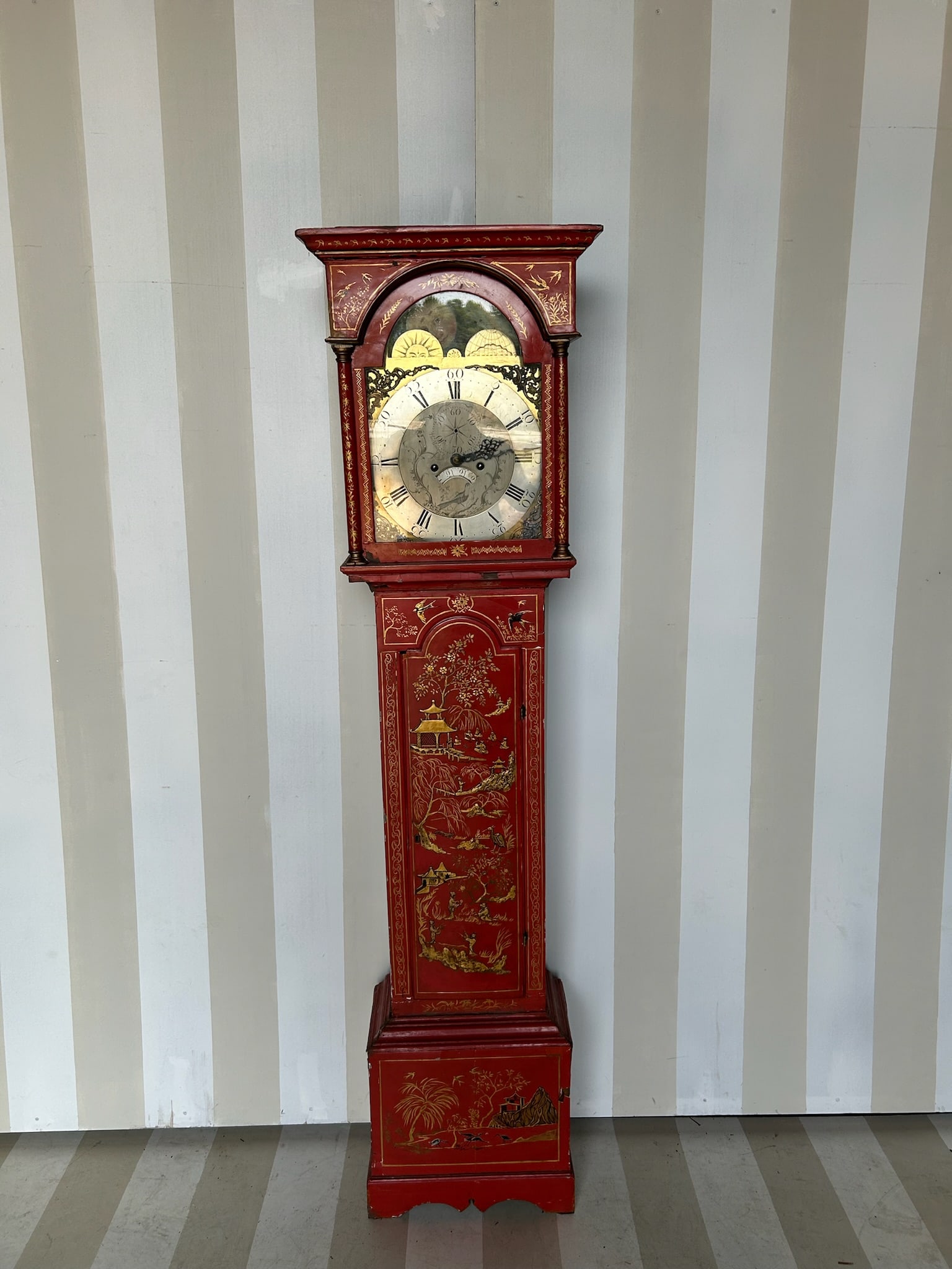 18th- 19th Century English Tall Case Clock in Red Chinoiserie with Painted Dial (1 of 12)