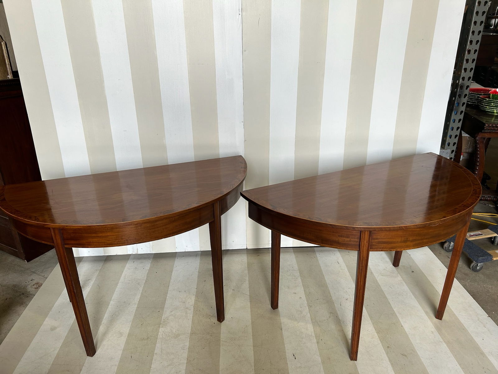 Pair of 19th Century Inlaid Mahogany Demilune Consoles with Molded Legs (1 of 13)
