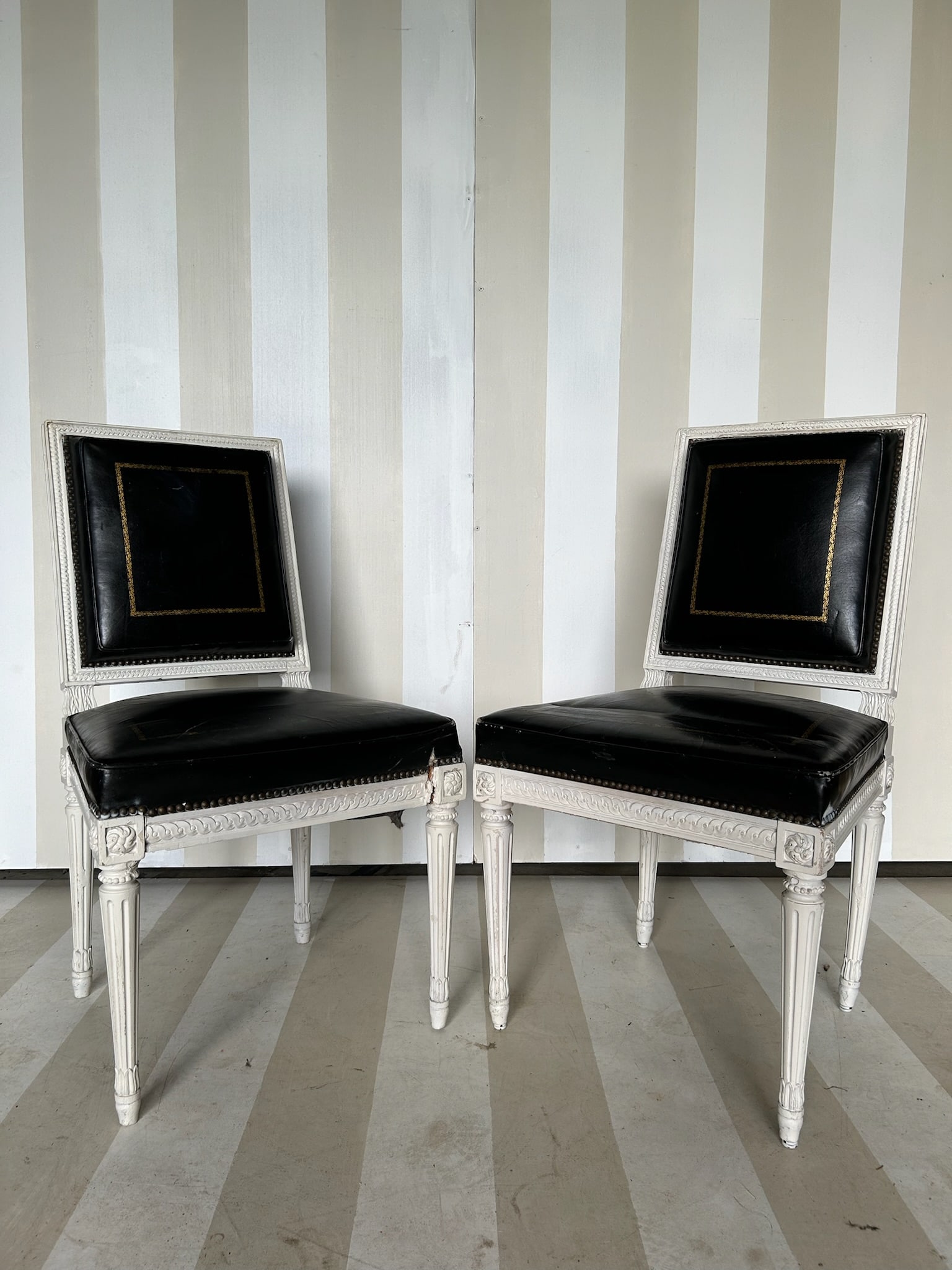Chic pair of French directoire style side chairs with tooled leather (1 of 15)